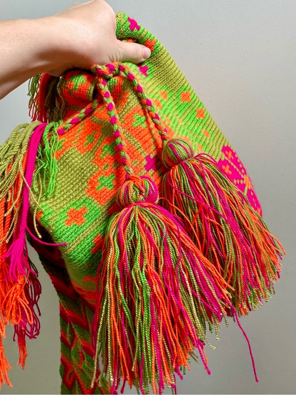Colombian Wayuu Mochila Crossbody Bag | Green & Neon Pink Knit (Handwoven Boho) - Picture 12 of 17